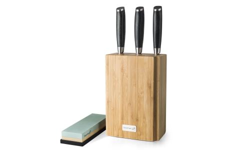 Sada nožov G21 Gourmet Damascus v bambusovom bloku 3 ks + brúsny kameň