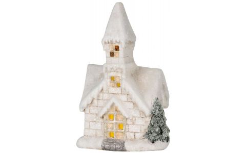 Dekorácia MagicHome Vianoce, Kostol, 3 LED žltá, keramika, 2xAAA, interiér, 17x11x27 cm
