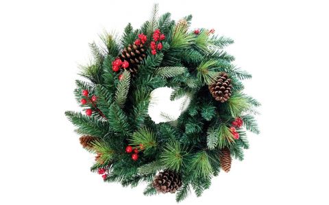 Veniec MagicHome Vianoce, Berry, prírodný, s čečinou a šiškami, 45 cm