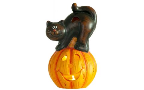 Dekorácia MagicHome Nature, Tekvica LED, mačka, keramika, 22 cm