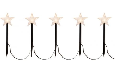 Reťaz MagicHome Vianoce 5 Star, LED, teplá biela, jednoduché svietenie, časovač, hviezdy, 3xAA, IP44, exteriér, osvetlenie