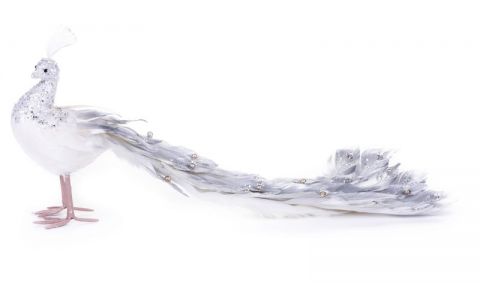 Dekorácia MagicHome Vianoce, Páv, strieborný, páperový, 50x20x23 cm