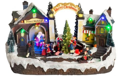 Dekorácia MagicHome Vianoce, Dedinka, 15 LED, farebná s melódiami, 3x AA, interiér, 33,50x18x20 cm