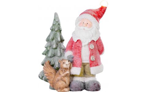 Dekorácia MagicHome Vianoce, Santa s veveričkou a stromčekom, 1 LED, 2xAAA, keramika, 35,50x20x46 cm