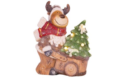 Dekorácia MagicHome Vianoce, Sobík s vozíkom, 4 LED, 3xAA, keramika, 33,50x24x43 cm
