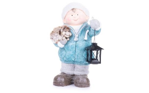 Postavička MagicHome Vianoce, Chlapček s lampášom a ježkom, keramika, 23x20x39,5 cm