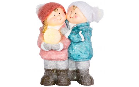 Postavička MagicHome Vianoce, Chlapček a dievčatko so snehovou guľou, 1 LED, keramika, 27,5x23x40 cm
