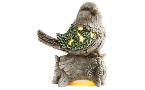 Dekorácia MagicHome Vianoce, Sýkorka na kmeni, 9 LED, 3xAAA, keramika, 22x21,50x40 cm