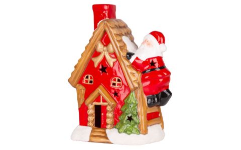 Dekorácia MagicHome Vianoce, Domček so santom na streche, LED, terakota, 2xAAA, 27x13x34 cm