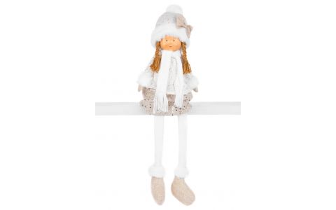Postavička MagicHome Vianoce, Dievčatko v bielej čiapke s dlhými nohami, bielo-zlaté, látkové, 15x10x45 cm