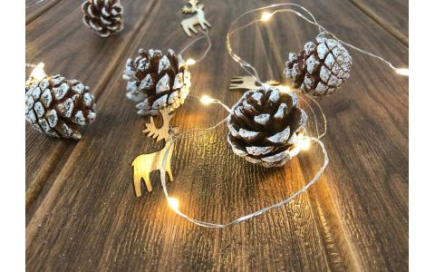 Reťaz MagicHome Vianoce Pine, 20x LED teplá biela, so zasneženými šiškami, 2xAA, jednoduché svietenie, osvetlenie, L-1,9 m