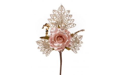 Vetvička MagicHome Vianoce, s ružou, ružovo - zlatá, 26 cm