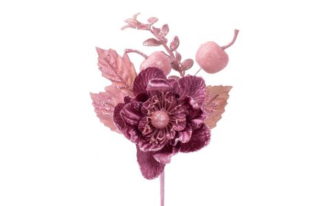 Vetvička MagicHome Vianoce, s kvetom, ružová, 22 cm