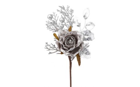 Vetvička MagicHome Vianoce, s ružou, sivá, 26 cm