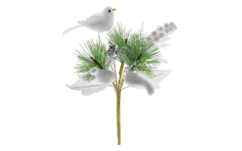 Vetvička MagicHome Vianoce, s vtáčikom, biela 18 cm