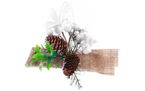 Vetvička MagicHome Vianoce, so šiškami a jutovou stuhou, biela, 15 cm