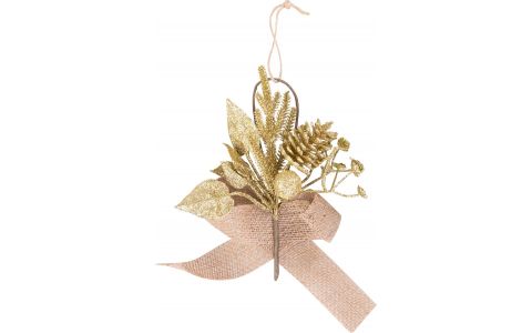 Vetvička MagicHome Vianoce, so šiškou a jutovou stuhou, zlatá, 17 cm