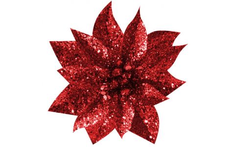 Kvet MagicHome Vianoce GlitterPoinsettia, so štipcom, červený, veľkosť kvetu: 9 cm, dĺžka kvetu: 8 cm, 6 ks