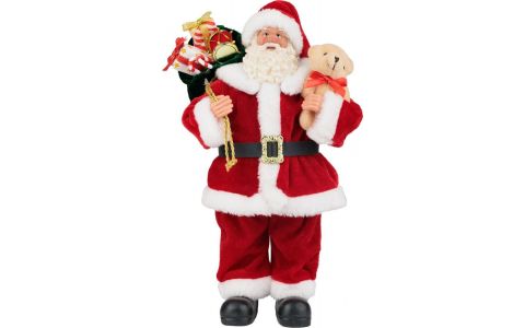 Dekorácia MagicHome Vianoce, Santa s darčekmi a medvedíkom, červený, 30 cm
