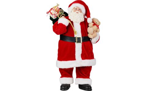 Dekorácia MagicHome Vianoce, Santa s darčekmi a medvedíkom, červený, 46 cm