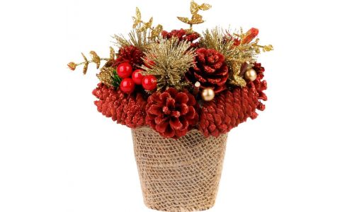 Ikebana MagicHome Vianoce, prírodná, červená, 17x17 cm