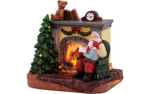 Dekorácia MagicHome Vianoce, Santa s dieťaťom pri krbe, LED, interiér, 10,5x8x9 cm, Sellbox 12 ks