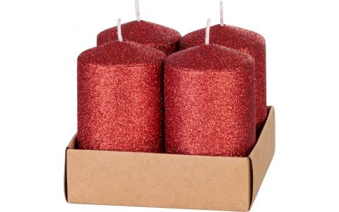 Sviečka MagicHome Vianoce, 4,8x8 cm, valcová, bal. 4 ks, červená, s glitrami, adventná