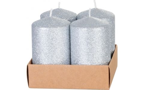 Sviečka MagicHome Vianoce, 4,8x8 cm, valcová, bal. 4 ks, strieborná, s glitrami, adventná