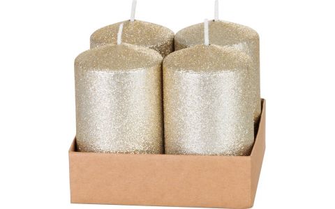 Sviečka MagicHome Vianoce, 4,8x8 cm, valcová, bal. 4 ks, šampaň, s glitrami, adventná
