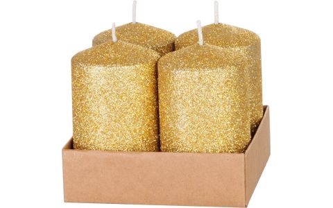 Sviečka MagicHome Vianoce, 4,8x8 cm, valcová, bal. 4 ks, zlatá, s glitrami, adventná