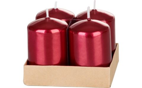 Sviečka MagicHome Vianoce, 4x6 cm, valcová, bal. 4 ks, červená, metalický efekt, adventná
