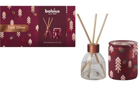 Set Bolsius, Winter Spices, Vianoce, darčekový, sviečka + difúzer, vonný, červený