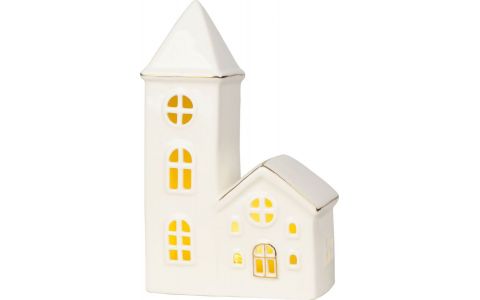 Dekorácia MagicHome, Domček s kostolom, LED, biely, porcelán, 11,2x5,5x17,4 cm