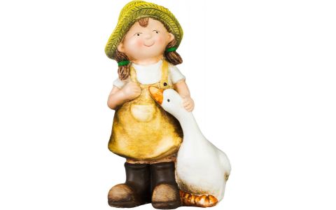 Dekorácia MagicHome, Dievčatko s húskou v hnedom oblečení, keramika, 6,5x12,5x19 cm