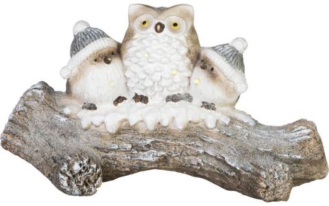 Dekorácia MagicHome Vianoce, sovy na zasneženom kmeni, LED, 20.5x49.5x27.5 cm