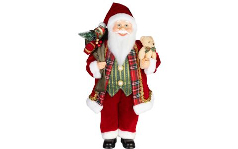 Dekorácia MagicHome Vianoce, Santa, s darčekom a medveďom, červený, 46 cm