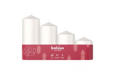 Sviečky Bolsius Pillar Advent, Vianoce, biele, 60/80/100/120x48 mm, bal. 4 ks