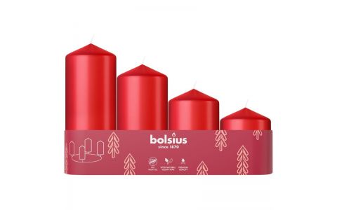 Sviečky Bolsius Pillar Advent, Vianoce, červené, 60/80/100/120x48 mm, bal. 4 ks