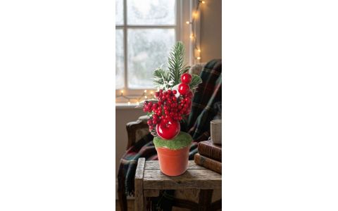 Dekorácia MagicHome Vianoce, Vetvičky v črepníku, s jablkom, 25cm