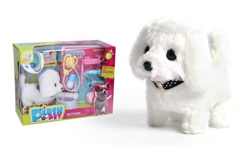 Psík chodiaci biely 15 cm s príslušenstvom