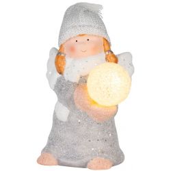 Postavička MagicHome Vianoce, Anjel so snehovou guľou, LED, terakota, 13,5x13x20 cm